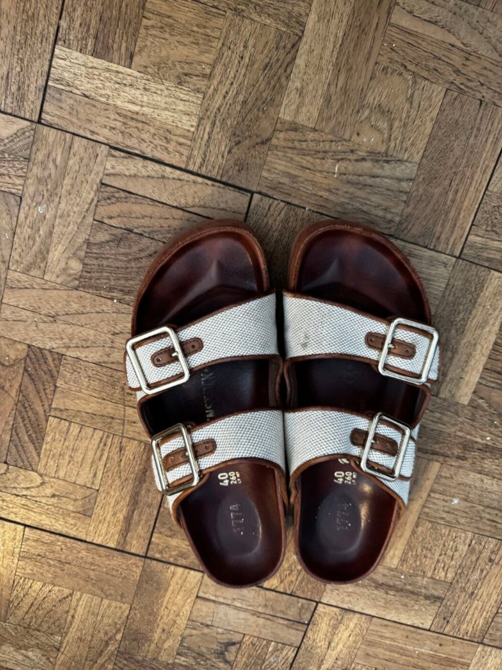 Birkenstock 1774 Arizona White Canvas & Brown Leather Sandals EU 40